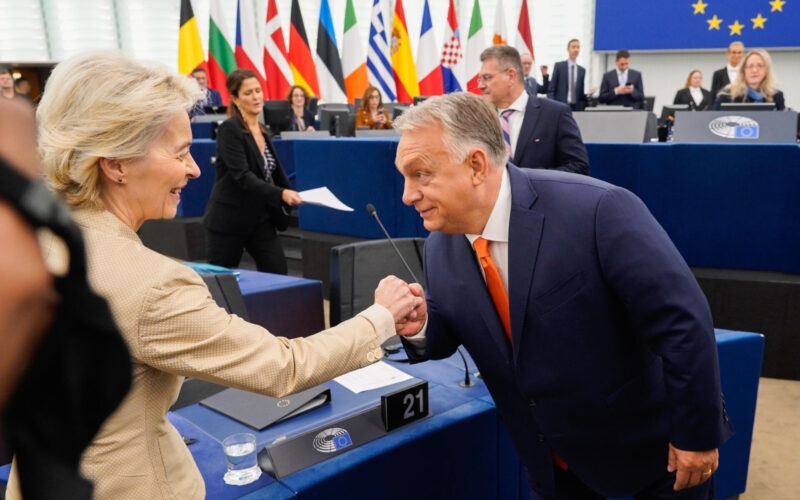 Hungarian Prime Minister Viktor Orban hand kisses the European Commission President Ursula von der Leyen before a debate on EU priorities in the European Parliament