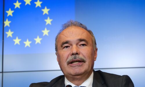 Hungarian Minister Istvan Nagy during a press conference in the sidelines of an Agriculture Council meeting