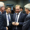 French Finance Minister Antoine Armand speaks with ESM Executive Director Pierre Gramegna and EU Commissioner Paolo Gentiloni