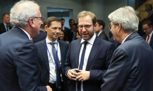 French Finance Minister Antoine Armand speaks with ESM Executive Director Pierre Gramegna and EU Commissioner Paolo Gentiloni