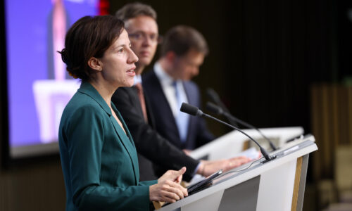 EU Commission Vice-President for Social Rights Roxana Minzatu during a press conference on the margins of a Employment Council meeting