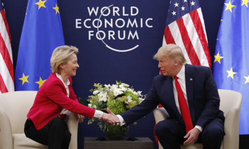 Ursula von der Leyen and Donald Trump shaking hands during the World Economic Forum in 2020